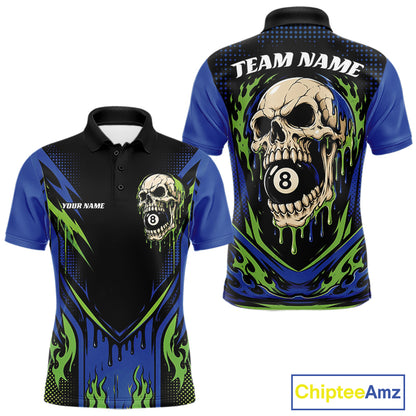 Custom Blue And Green Dripping Skull 8 Ball Halloween Billiards Men Polo Shirt IPHW11786