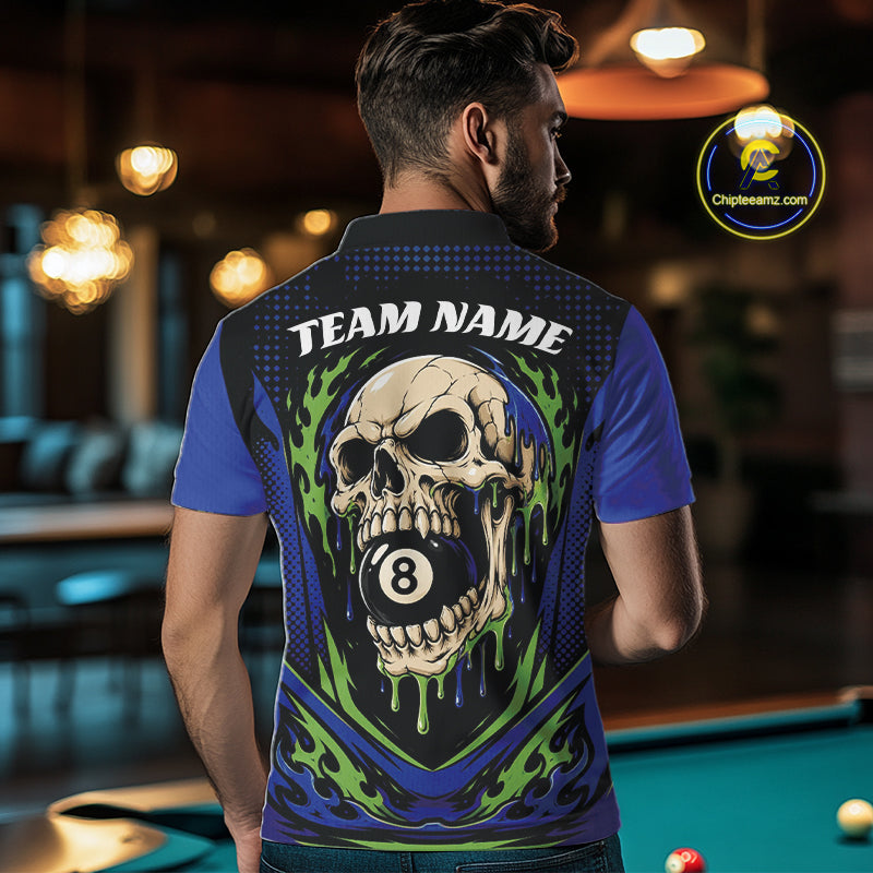 Custom Blue And Green Dripping Skull 8 Ball Halloween Billiards Men Polo Shirt IPHW11786