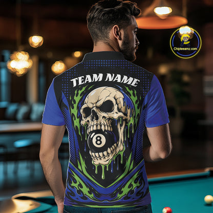 Custom Blue And Green Dripping Skull 8 Ball Halloween Billiards Men Polo Shirt IPHW11786