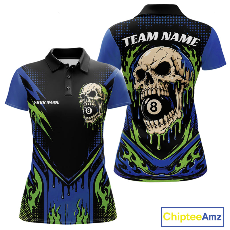 Custom Blue And Green Dripping Skull 8 Ball Halloween Billiards Women Polo Shirt IPHW11786