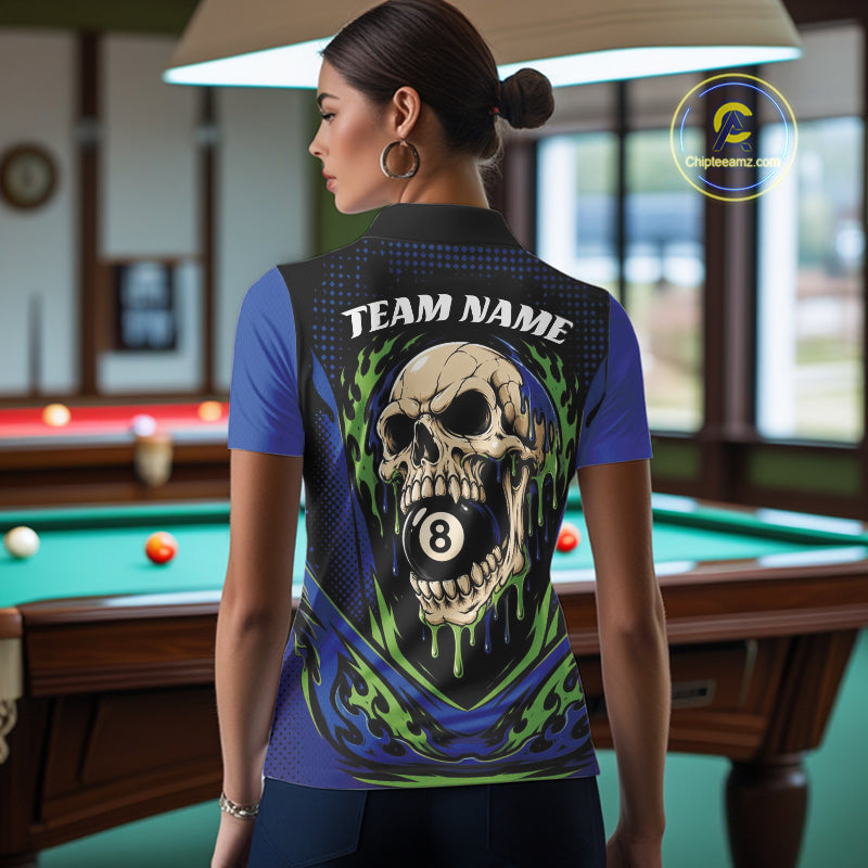 Custom Blue And Green Dripping Skull 8 Ball Halloween Billiards Women Polo Shirt IPHW11786