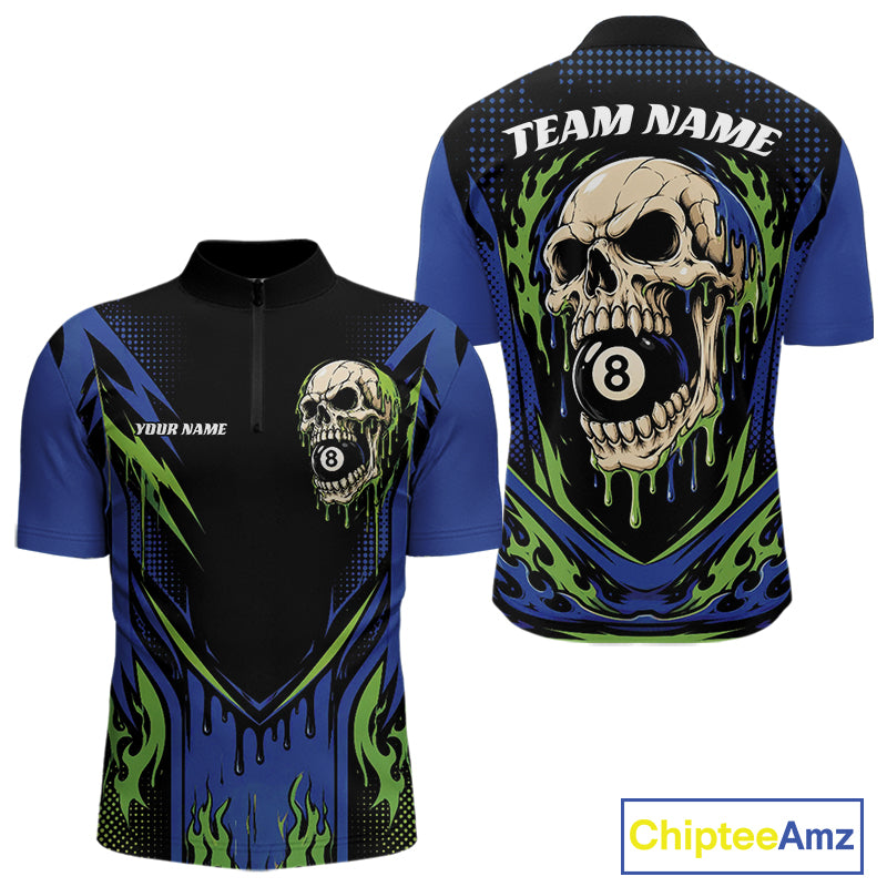 Custom Blue And Green Dripping Skull 8 Ball Halloween Billiards Men Quarter Zip Shirt IPHW11786