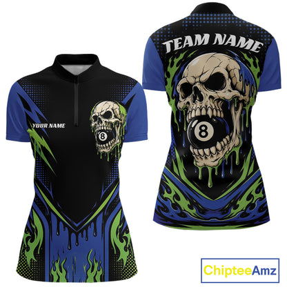 Custom Blue And Green Dripping Skull 8 Ball Halloween Billiards Women Quarter-Zip Shirt IPHW11786