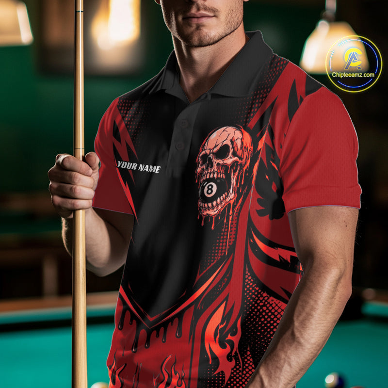 Custom Red Dripping Skull 8 Ball Halloween Billiards Men Polo Shirt, Pool Shirt IPHW11787