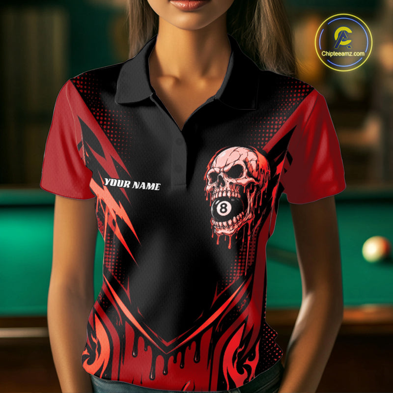 Custom Red Dripping Skull 8 Ball Halloween Billiards Women Polo Shirt, Pool Shirt IPHW11787