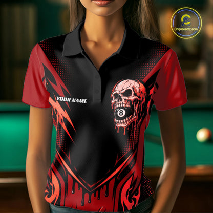 Custom Red Dripping Skull 8 Ball Halloween Billiards Women Polo Shirt, Pool Shirt IPHW11787