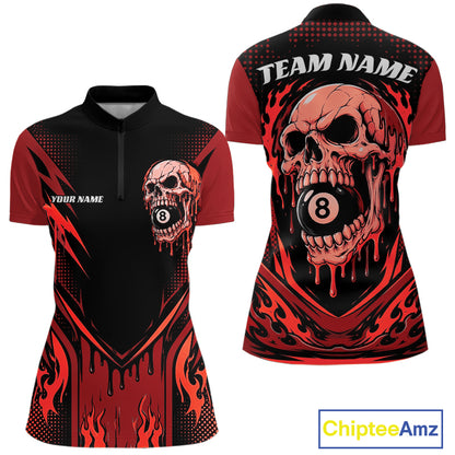 Custom Red Dripping Skull 8 Ball Halloween Billiards Women Quarter-Zip Shirt, Pool Shirt IPHW11787