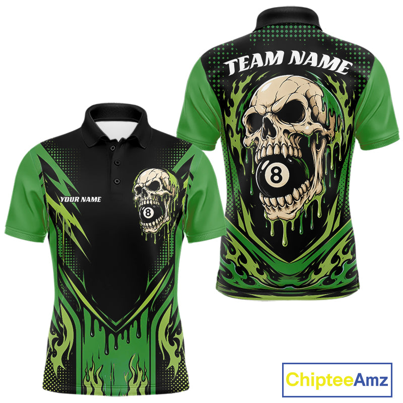 Custom Green Dripping Skull 8 Ball Halloween Billiards Men Polo Shirt, Pool Shirt IPHW11788