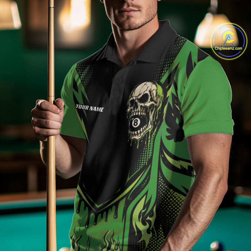 Custom Green Dripping Skull 8 Ball Halloween Billiards Men Polo Shirt, Pool Shirt IPHW11788