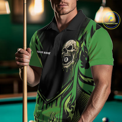 Custom Green Dripping Skull 8 Ball Halloween Billiards Men Polo Shirt, Pool Shirt IPHW11788
