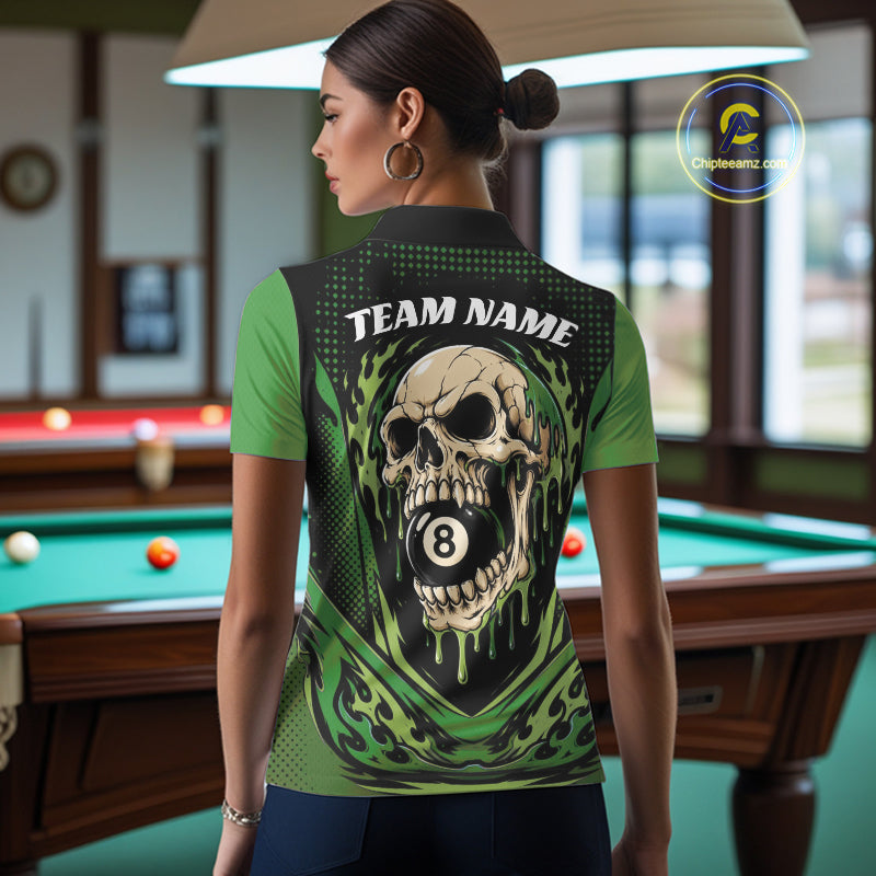 Custom Green Dripping Skull 8 Ball Halloween Billiards Women Polo Shirt, Pool Shirt IPHW11788