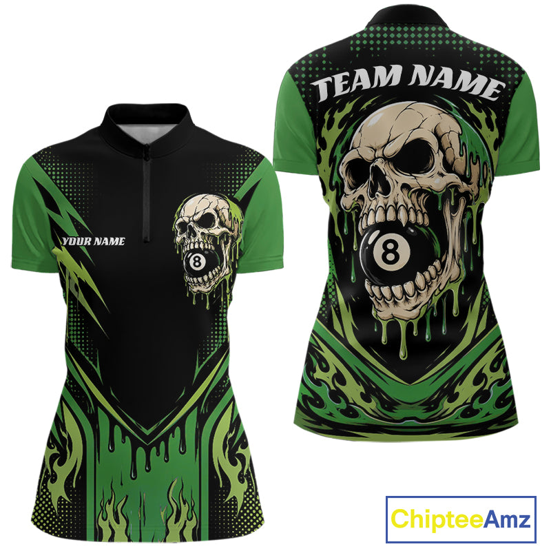 Custom Green Skull 8 Ball Halloween Billiards Women Quarter-Zip Shirt, Pool Shirt IPHW11788
