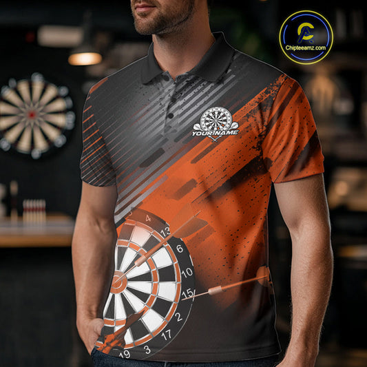 Custom Grunge Orange Dartboard Dart Team Polo Shirts For Men, Dart Players Jerseys IPHW9976