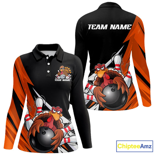 Black And Orange Custom Funny Turkey Bowling Team Shirts For Women, Thanksgiving Outfit IPHW7877