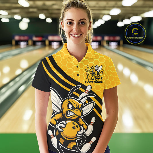 Custom Black And Yellow Bee Bowling Women Polo Shirts, Honeycomb Bowling Team Shirt IPHW9044