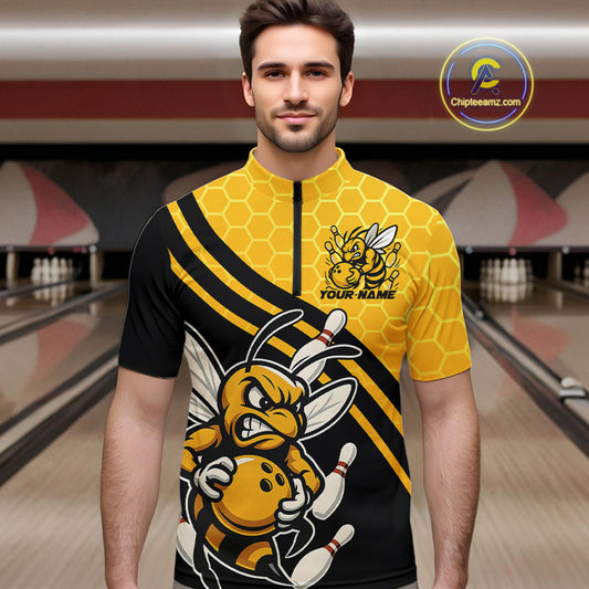 Custom Black And Yellow Bee Bowling Men Quarter-Zip Shirts, Honeycomb Bowling Team Shirt IPHW9044