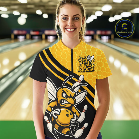 Custom Black And Yellow Bee Bowling Women Quarter-Zip Shirt, Honeycomb Bowling Team Shirt IPHW9044