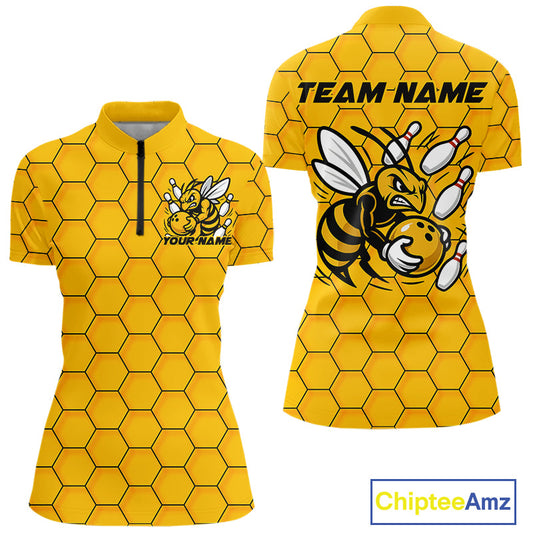 Custom Honeycomb Pattern Bee Bowling Team Women Quarter-Zip Shirts, Bowling League Shirts IPHW9045