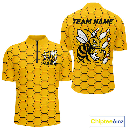 Custom Honeycomb Pattern Bee Bowling Team Men Quarter-Zip Shirts, Bowling League Shirts IPHW9045