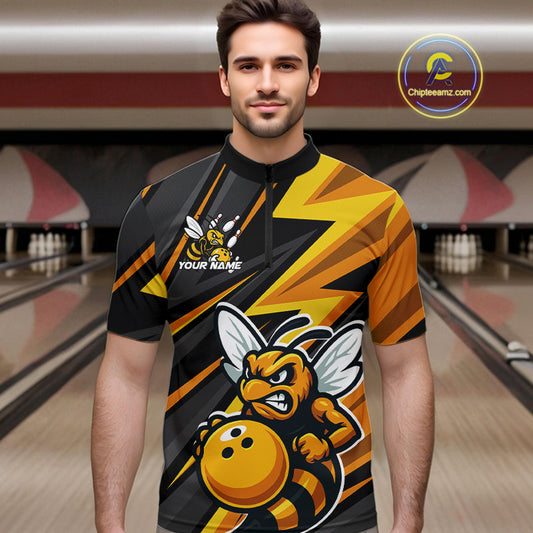 Custom Black And Yellow Bee Bowling Quarter-Zip Shirts For Men, Bowling Team Uniform IPHW9046