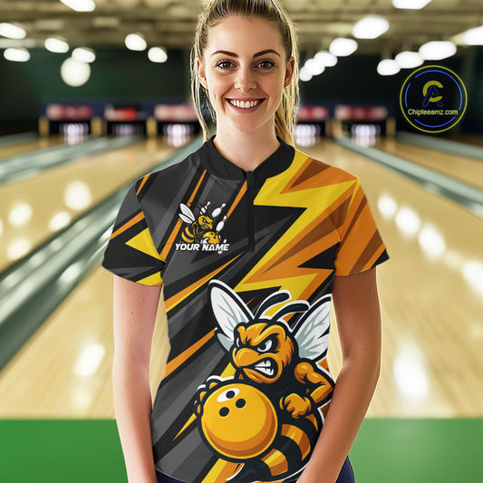 Custom Black And Yellow Bee Bowling Quarter-Zip Shirts For Women, Bowling Team Uniform IPHW9046