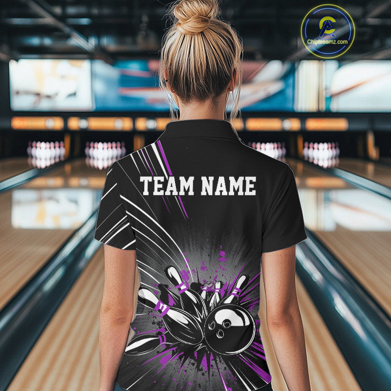 Custom Black And Purple Grunge Bowling Team Jerseys, Women Bowling Polo Shirts IPHW9622