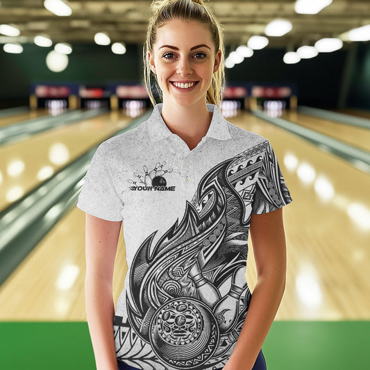 Custom Grunge Black And Gray Tribal Flame Polynesian Bowling Team Polo Shirts For Women IPHW8804