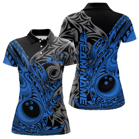 Custom Black And Blue Flame Tribal Polynesian Bowling Women Polo Shirts, Team Uniform IPHW8808