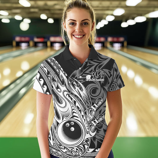 Custom Black And White Flame Tribal Polynesian Bowling Women Polo Shirts, Team Uniform IPHW8809