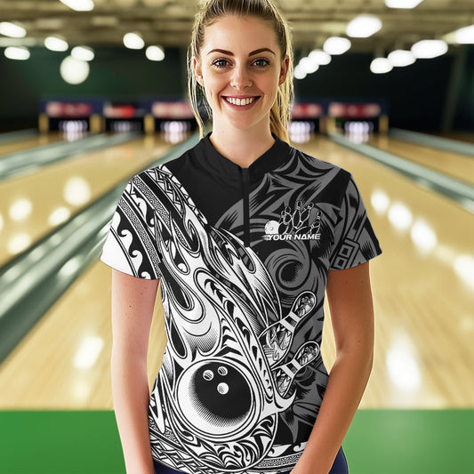 Custom Black And White Flame Tribal Polynesian Bowling Women Quarter-Zip Shirt Team Uniform IPHW8809
