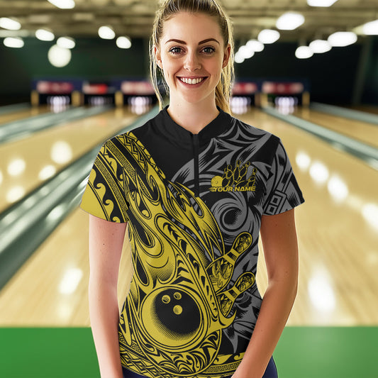 Custom Black And Yellow Flame Tribal Polynesian Bowling Women Quarter-Zip Team Outfit IPHW8810
