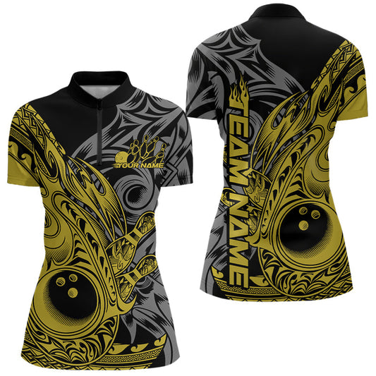 Custom Black And Yellow Flame Tribal Polynesian Bowling Women Quarter-Zip Team Outfit IPHW8810