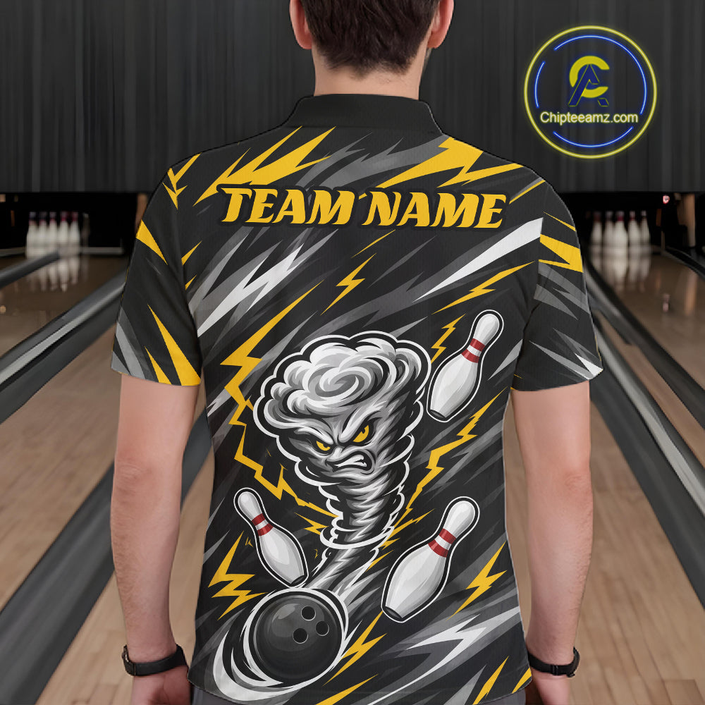 Custom Black And Yellow Storm Thunnder Lightning Bolts Bowling Team Men Polo Shirt IPHW11805