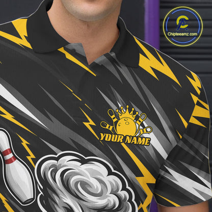 Custom Black And Yellow Storm Thunnder Lightning Bolts Bowling Team Men Polo Shirt IPHW11805