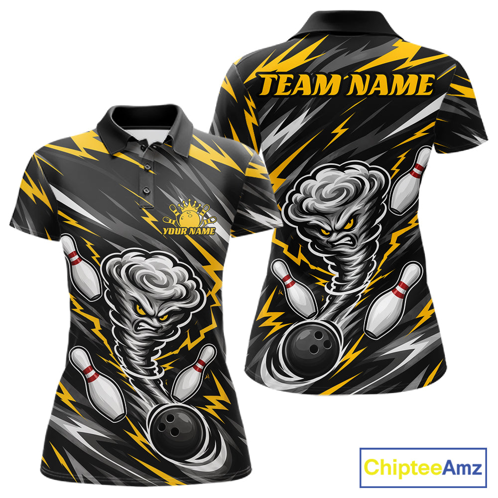 Custom Black And Yellow Storm Thunnder Lightning Bolts Bowling Team Women Polo Shirt IPHW11805