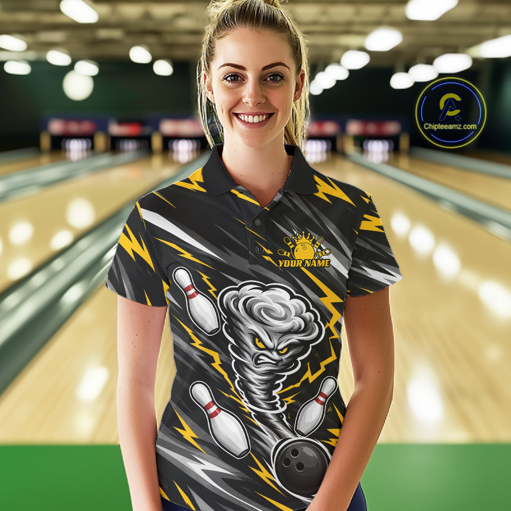 Custom Black And Yellow Storm Thunnder Lightning Bolts Bowling Team Women Polo Shirt IPHW11805
