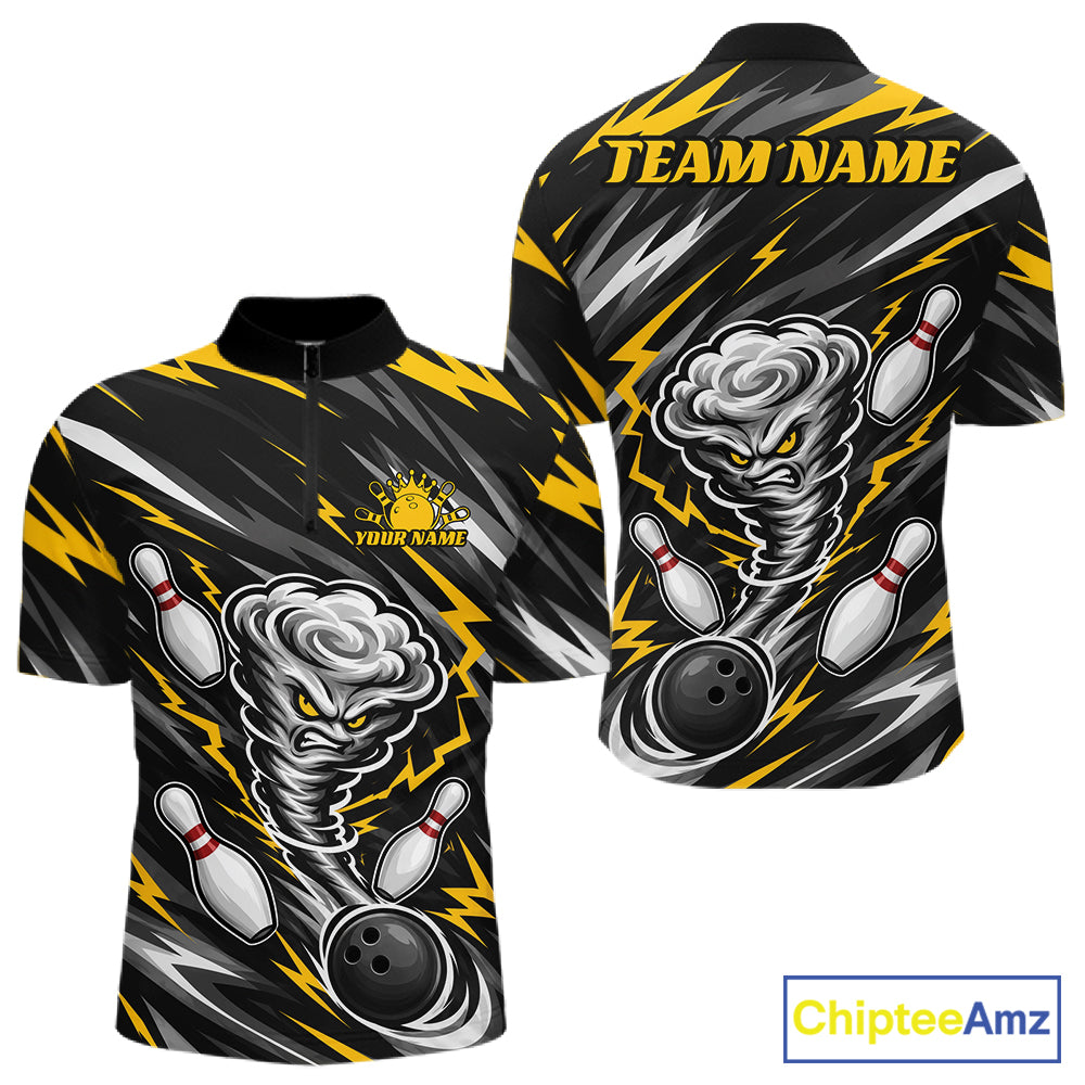 Custom Black And Yellow Storm Thunnder Lightning Bolts Bowling Team Men Quarter Zip Shirt IPHW11805