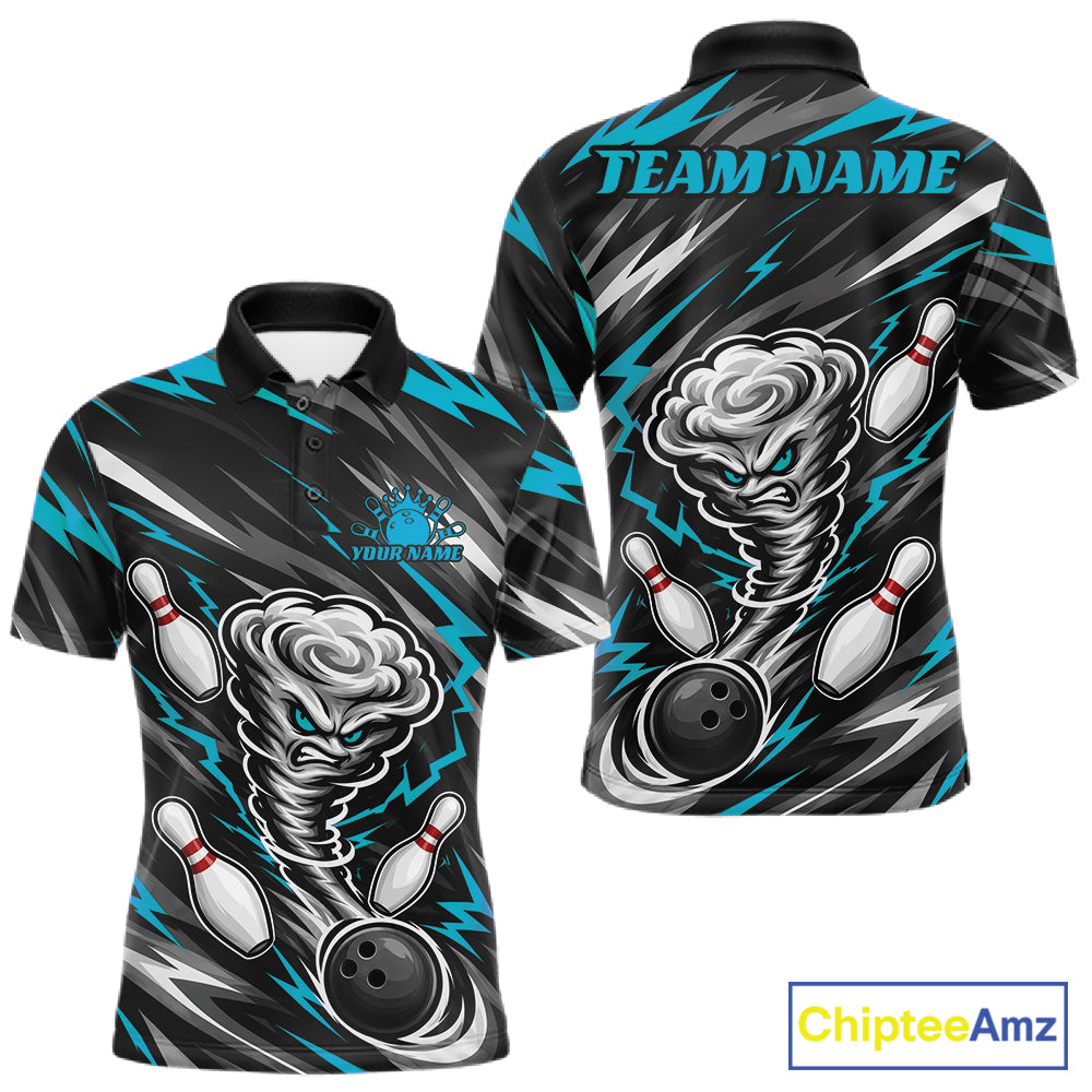 Custom Turquoise Blue Storm Thunnder Lightning Bolts Bowling Team Men Polo Shirt IPHW11806