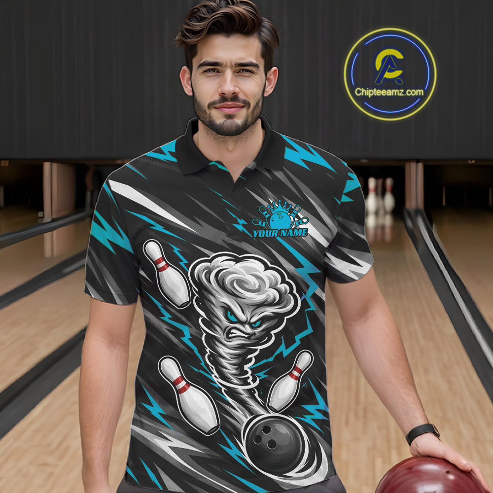 Custom Turquoise Blue Storm Thunnder Lightning Bolts Bowling Team Men Polo Shirt IPHW11806