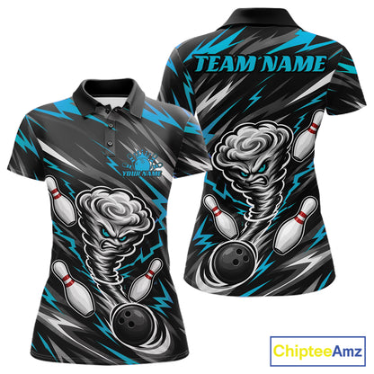 Custom Turquoise Blue Storm Thunnder Lightning Bolts Bowling Team Women Polo Shirt IPHW11806