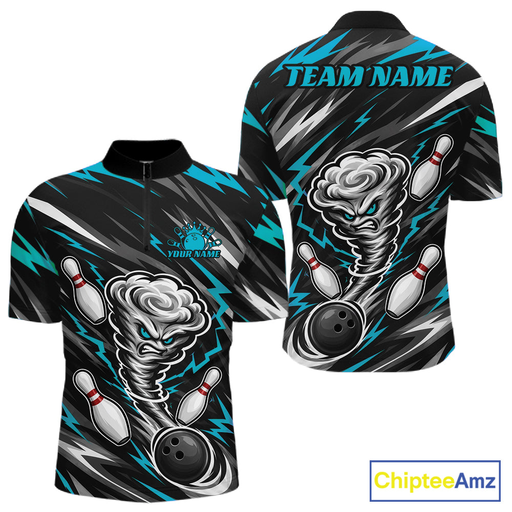 Custom Turquoise Blue Storm Thunnder Lightning Bolts Bowling Team Men Quarter Zip Shirt IPHW11806
