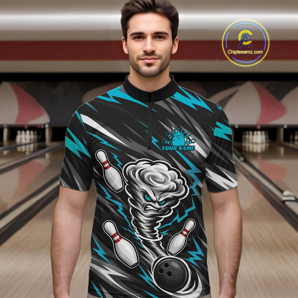 Custom Turquoise Blue Storm Thunnder Lightning Bolts Bowling Team Men Quarter Zip Shirt IPHW11806