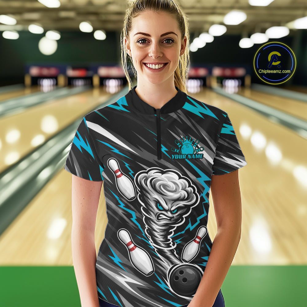 Custom Turquoise Blue Storm Thunnder Lightning Bolts Bowling Women Quarter-Zip Shirt IPHW11806
