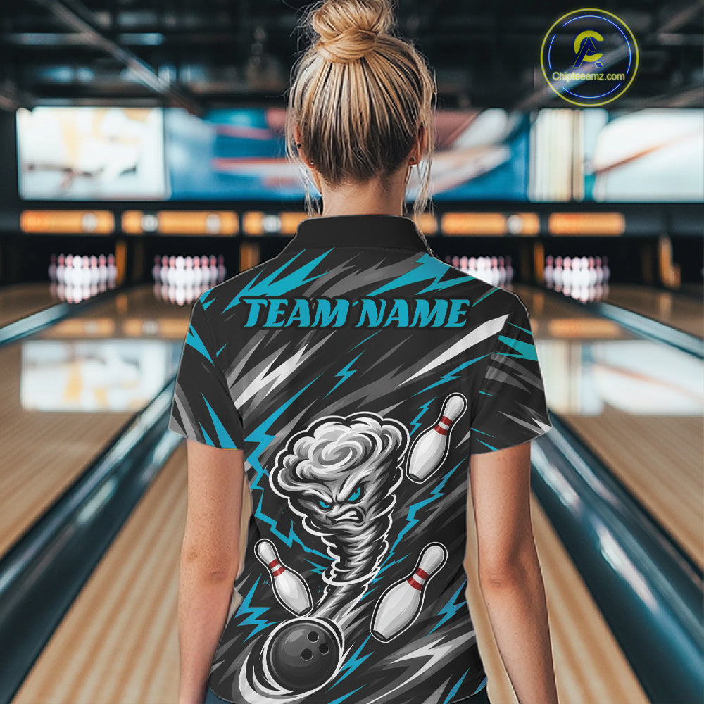 Custom Turquoise Blue Storm Thunnder Lightning Bolts Bowling Women Quarter-Zip Shirt IPHW11806
