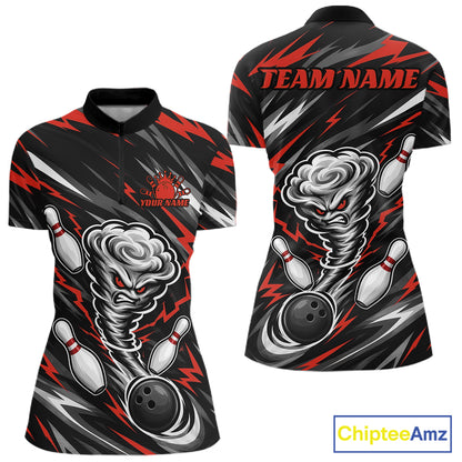 Custom Black And Red Storm Thunnder Lightning Bolts Bowling Team Women Quarter-Zip Shirt IPHW11807