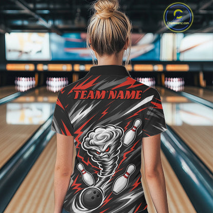 Custom Black And Red Storm Thunnder Lightning Bolts Bowling Team Women Quarter-Zip Shirt IPHW11807