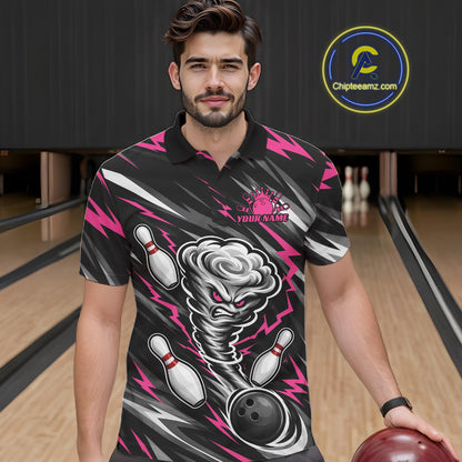Custom Black And Pink Storm Thunnder Lightning Bolts Bowling Team Men Polo Shirt IPHW11808