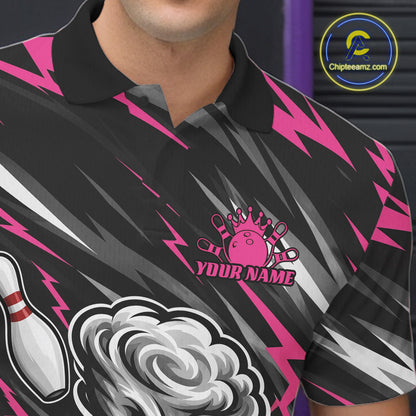 Custom Black And Pink Storm Thunnder Lightning Bolts Bowling Team Men Polo Shirt IPHW11808