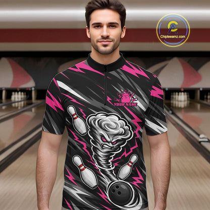 Custom Black And Pink Storm Thunnder Lightning Bolts Bowling Team Men Quarter Zip Shirt IPHW11808