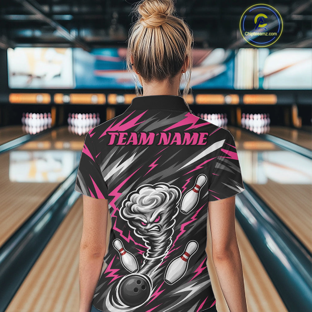 Custom Black And Pink Storm Thunnder Lightning Bolts Bowling Women Quarter-Zip Shirt IPHW11808